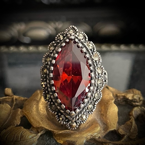 Vintage Jewelry - Vintage Amber Glass and Marcasite Marquis sterling silver ring
